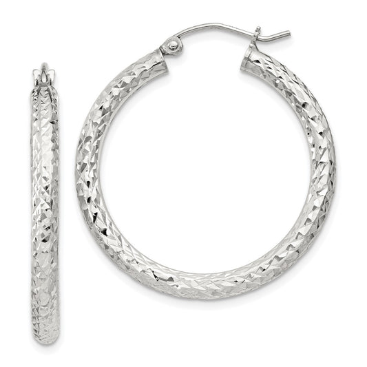 Sterling Silver Diamond-cut 3x30mm Hoop Earrings