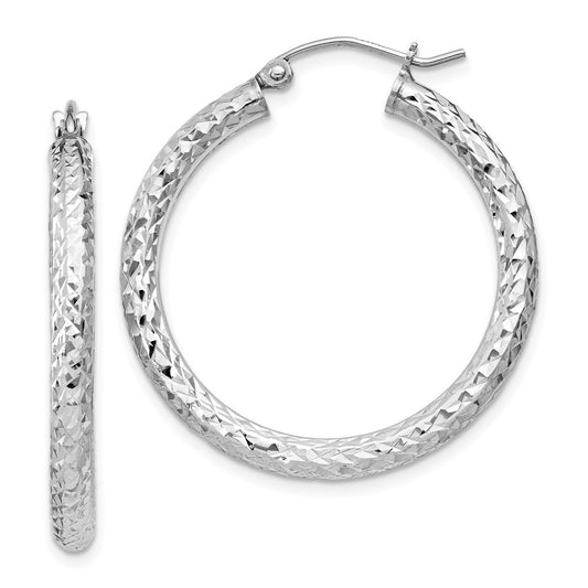 Rhodium-plated Sterling Silver Diamond-cut 3x30mm Hoop Earrings