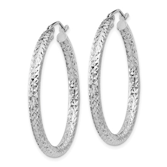 Rhodium-plated Sterling Silver Diamond-cut 3x35mm Hoop Earrings