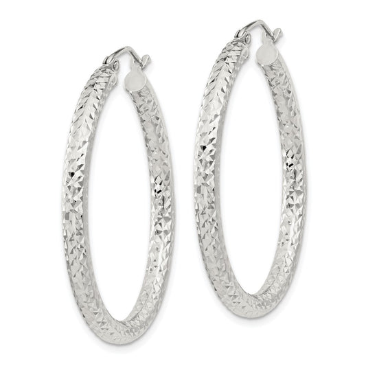 Sterling Silver Diamond-cut 3x35mm Hoop Earrings