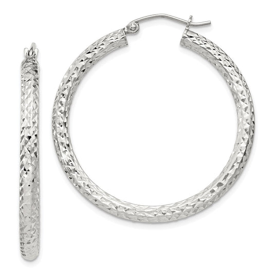 Sterling Silver Diamond-cut 3x35mm Hoop Earrings