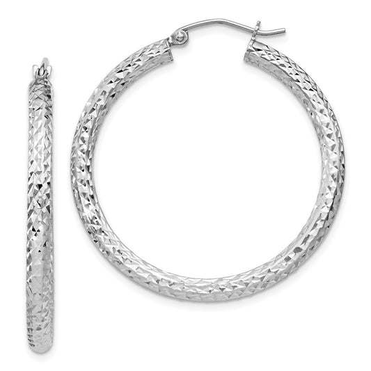 Rhodium-plated Sterling Silver Diamond-cut 3x35mm Hoop Earrings