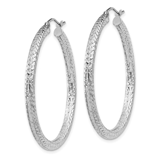 Rhodium-plated Sterling Silver Diamond-cut 3x40mm Hoop Earrings