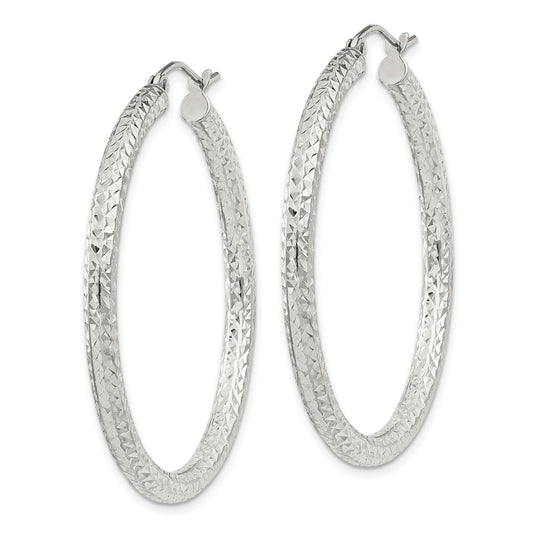 Sterling Silver Diamond-cut 3x40mm Hoop Earrings