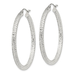 Sterling Silver Diamond-cut 3x40mm Hoop Earrings
