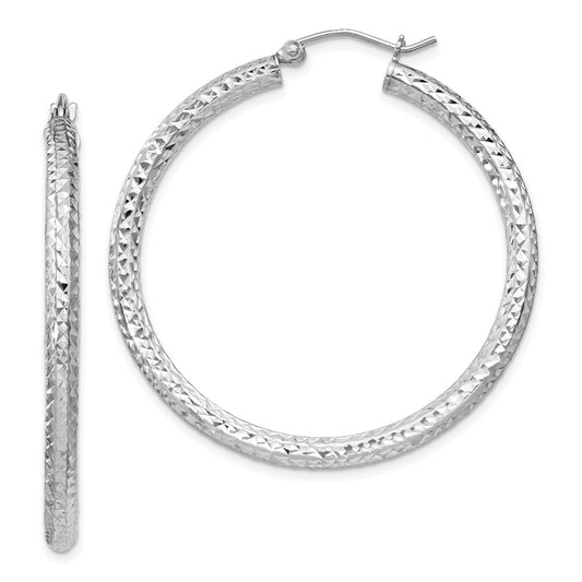 Rhodium-plated Sterling Silver Diamond-cut 3x40mm Hoop Earrings