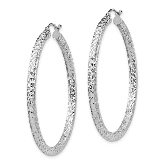 Rhodium-plated Sterling Silver Diamond-cut 3x45mm Hoop Earrings