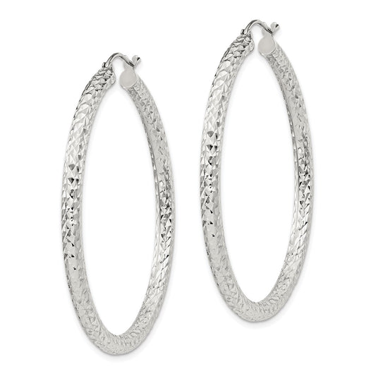 Sterling Silver Diamond-cut 3x45mm Hoop Earrings