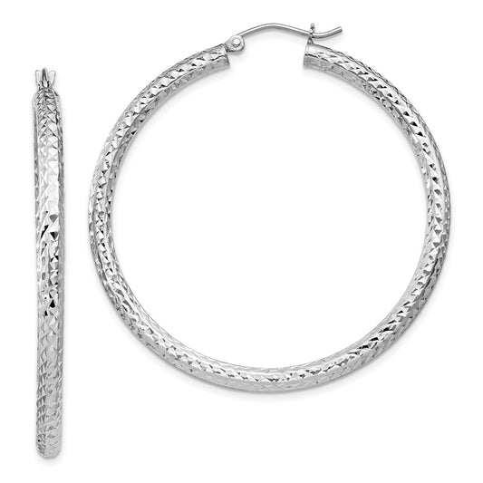 Rhodium-plated Sterling Silver Diamond-cut 3x45mm Hoop Earrings