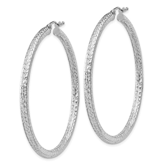 Rhodium-plated Sterling Silver Diamond-cut 3x50mm Hoop Earrings