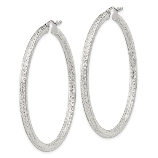 Sterling Silver Diamond-cut 3x50mm Hoop Earrings