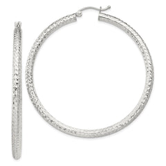 Sterling Silver Diamond-cut 3x50mm Hoop Earrings