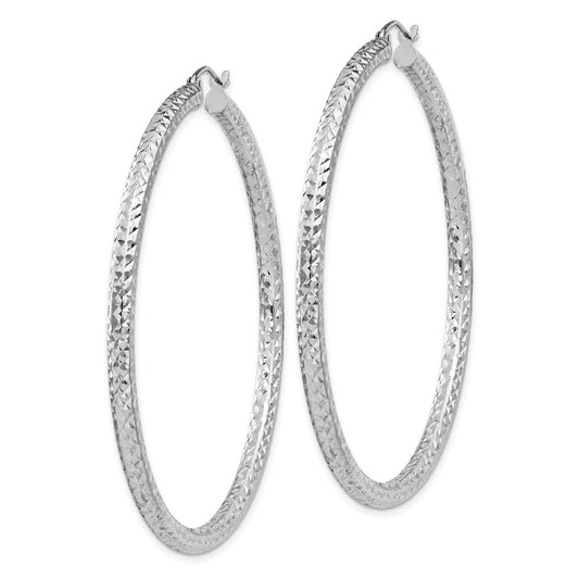 Rhodium-plated Sterling Silver Diamond-cut 3x55mm Hoop Earrings