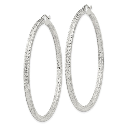 Sterling Silver Diamond-cut 3x55mm Hoop Earrings