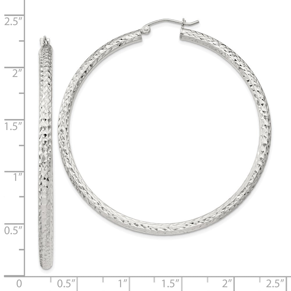 Sterling Silver Diamond-cut 3x55mm Hoop Earrings