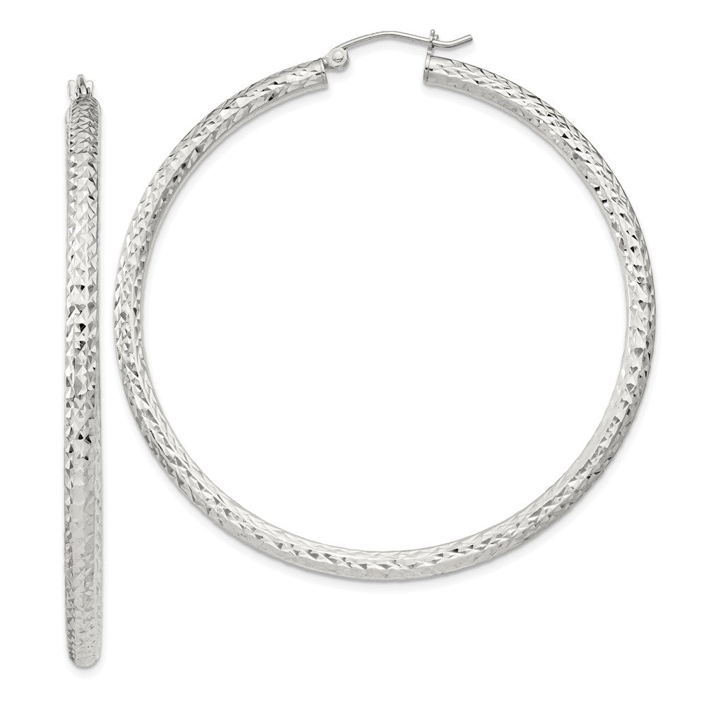 Sterling Silver Diamond-cut 3x55mm Hoop Earrings