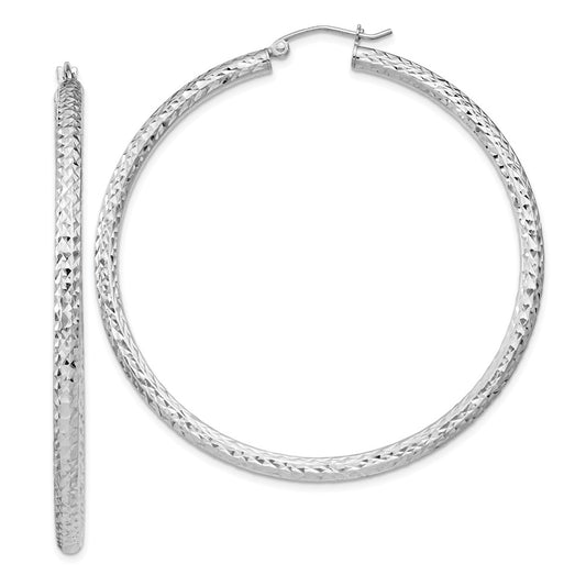 Rhodium-plated Sterling Silver Diamond-cut 3x55mm Hoop Earrings