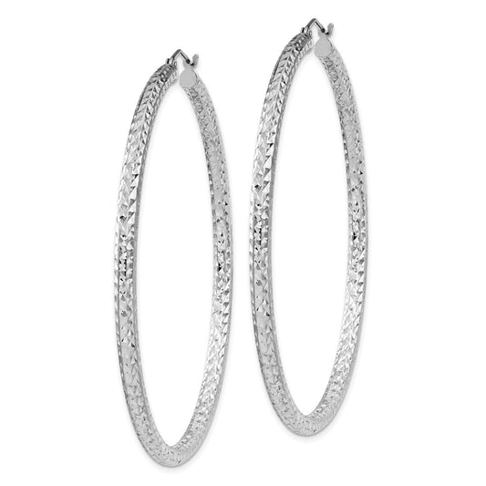 Rhodium-plated Sterling Silver Diamond-cut 3x60mm Hoop Earrings