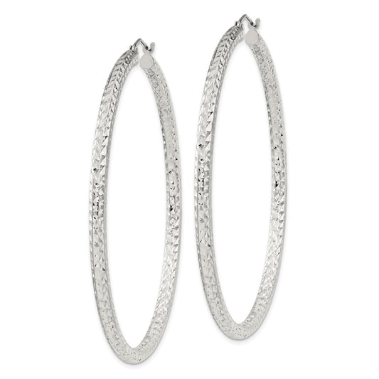 Sterling Silver Diamond-cut 3x60mm Hoop Earrings