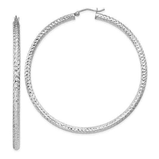 Rhodium-plated Sterling Silver Diamond-cut 3x60mm Hoop Earrings