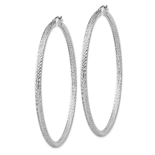 Rhodium-plated Sterling Silver Diamond-cut 3x65mm Hoop Earrings