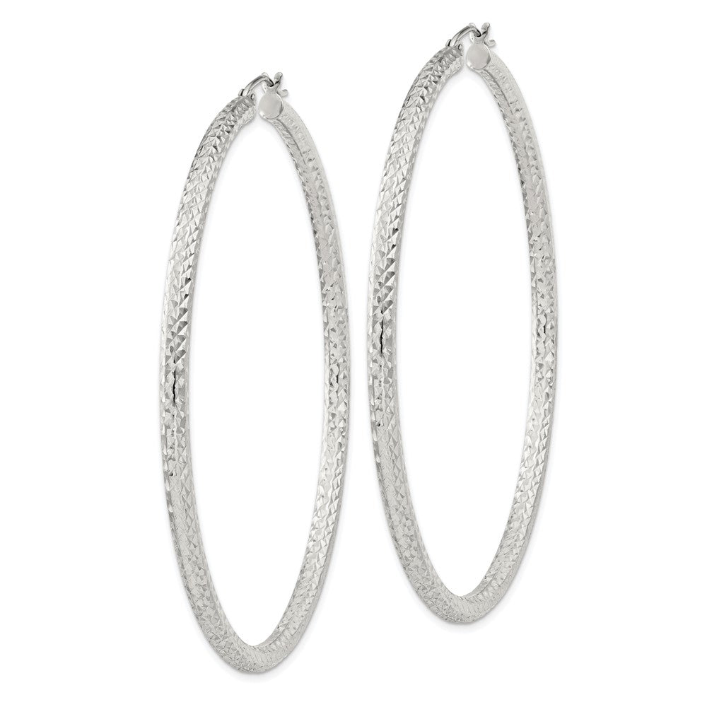 Sterling Silver Diamond-cut 3x65mm Hoop Earrings