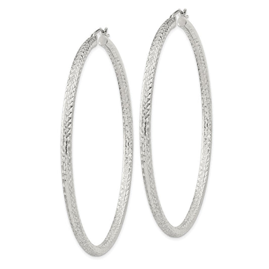 Sterling Silver Diamond-cut 3x65mm Hoop Earrings