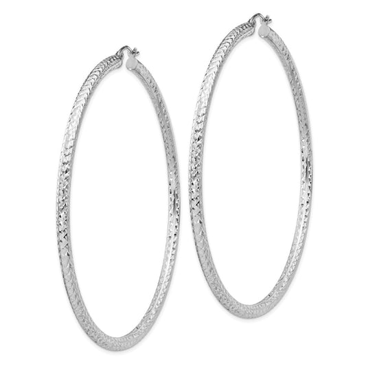 Rhodium-plated Sterling Silver Diamond-cut 3x70mm Hoop Earrings