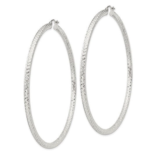 Sterling Silver Diamond-cut 3x70mm Hoop Earrings