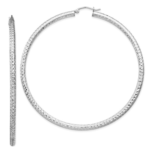 Rhodium-plated Sterling Silver Diamond-cut 3x70mm Hoop Earrings