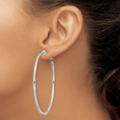 Rhodium-plated Silver 2x60mm Omega Back Hoop Earrings