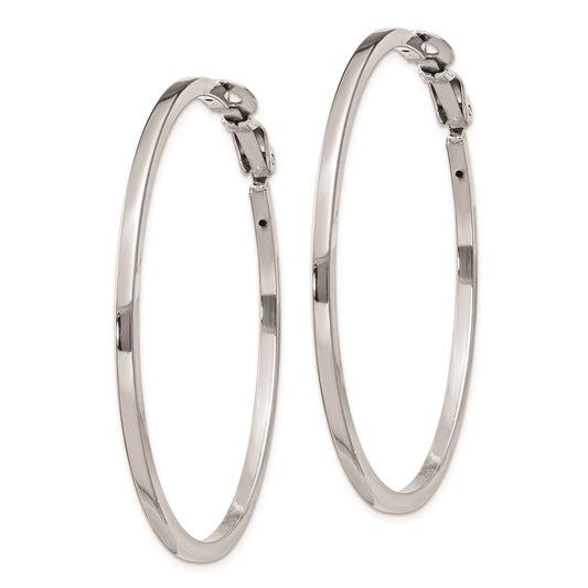 Rhodium-plated Silver 2x50mm Omega Back Hoop Earrings