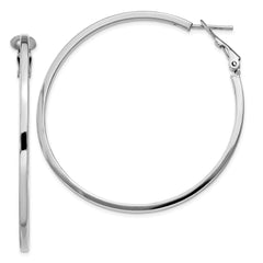 Rhodium-plated Silver 2x50mm Omega Back Hoop Earrings