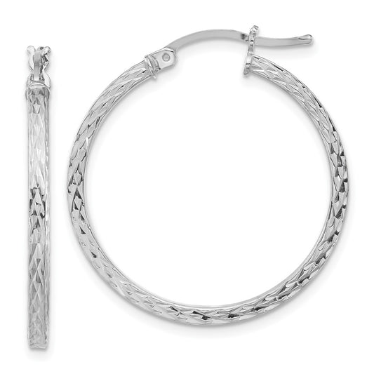 Rhodium-plated Sterling Silver Diamond-cut 2x30mm Square Tube Hoop Earrings