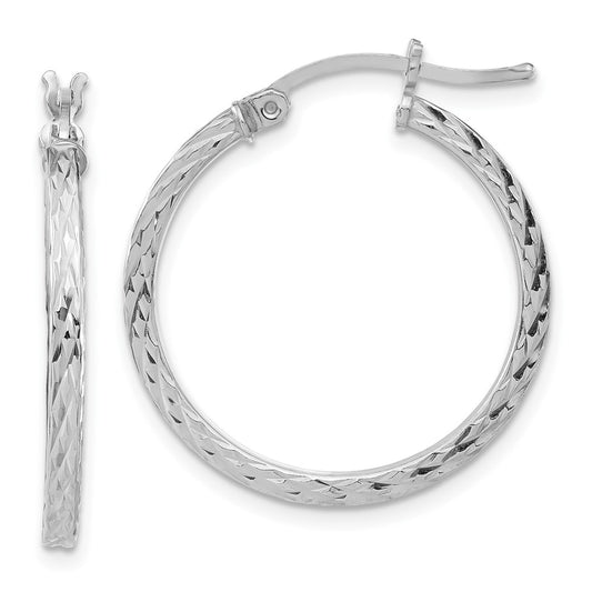 Rhodium-plated Sterling Silver Diamond-cut 2x25mm Square Tube Hoop Earrings