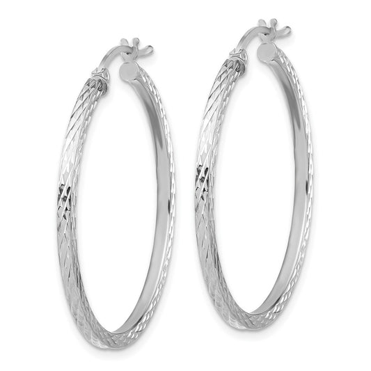 Rhodium-plated Sterling Silver Diamond-cut 2x35mm Square Tube Hoop Earrings