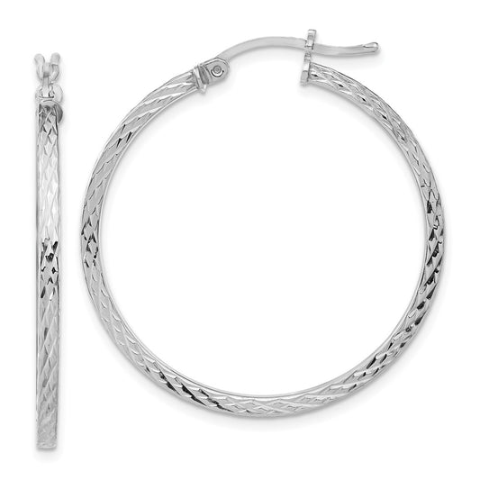 Rhodium-plated Sterling Silver Diamond-cut 2x35mm Square Tube Hoop Earrings