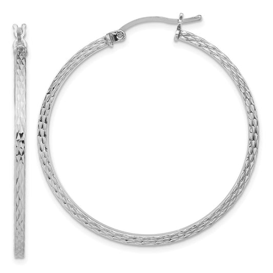 Rhodium-plated Sterling Silver Diamond-cut 2x40mm Square Tube Hoop Earrings