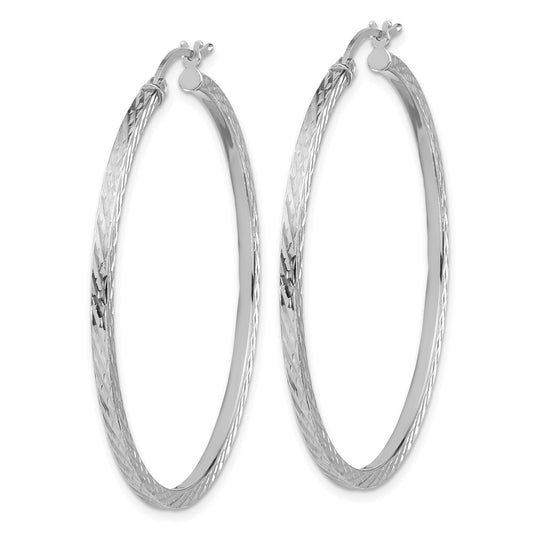 Rhodium-plated Sterling Silver Diamond-cut 2x45mm Square Tube Hoop Earrings