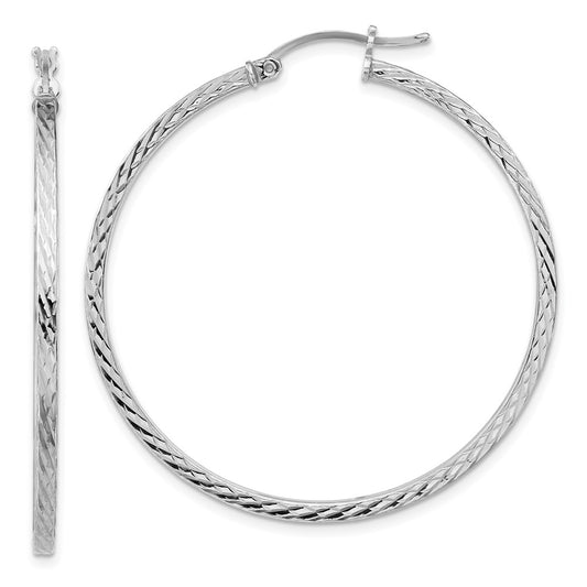 Rhodium-plated Sterling Silver Diamond-cut 2x45mm Square Tube Hoop Earrings