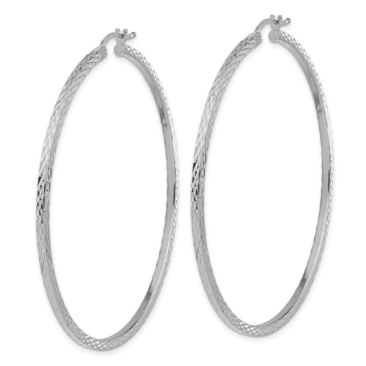 Rhodium-plated Sterling Silver Diamond-cut 2x60mm Square Tube Hoop Earrings