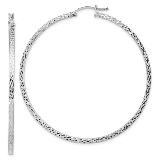 Rhodium-plated Sterling Silver Diamond-cut 2x60mm Square Tube Hoop Earrings