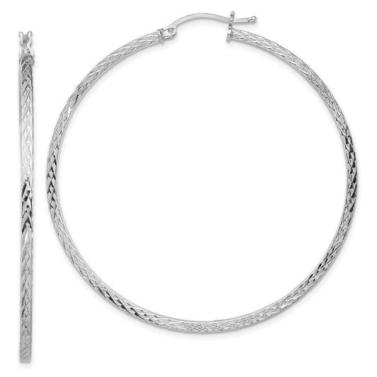 Rhodium-plated Sterling Silver Diamond-cut 2x55mm Square Tube Hoop Earrings