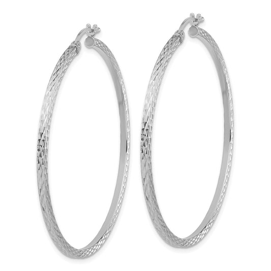 Rhodium-plated Sterling Silver Diamond-cut 2x50mm Square Tube Hoop Earrings