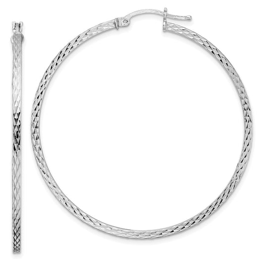 Rhodium-plated Sterling Silver Diamond-cut 2x50mm Square Tube Hoop Earrings