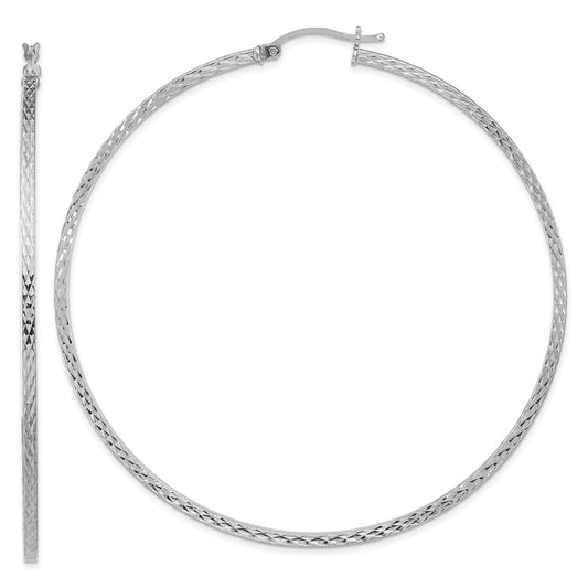 Rhodium-plated Sterling Silver Diamond-cut 2x70mm Square Tube Hoop Earrings