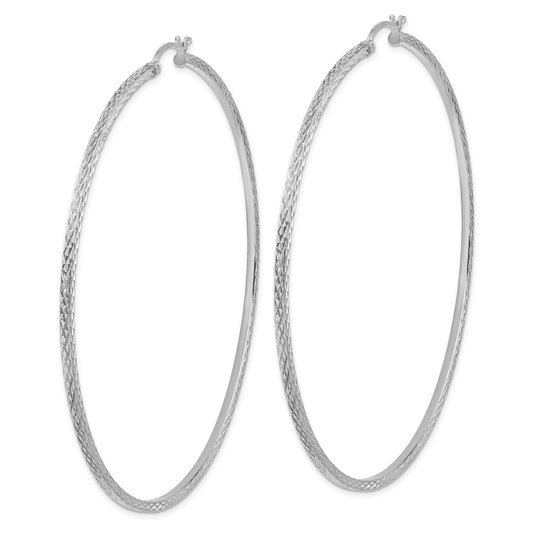 Rhodium-plated Sterling Silver Diamond-cut 2x80mm Square Tube Hoop Earrings