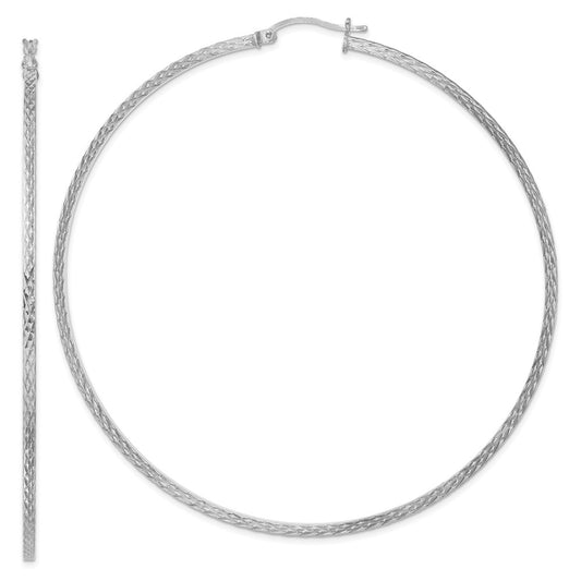 Rhodium-plated Sterling Silver Diamond-cut 2x80mm Square Tube Hoop Earrings