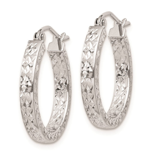 Rhodium-plated Sterling Silver Diamond-cut 3x20mm Hoop Earrings