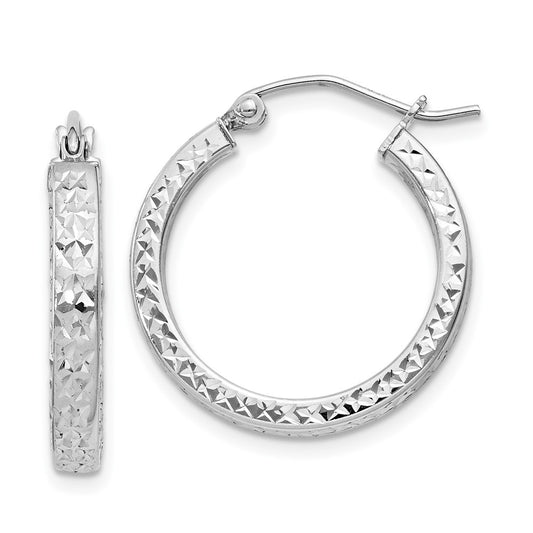 Rhodium-plated Sterling Silver Diamond-cut 3x20mm Hoop Earrings